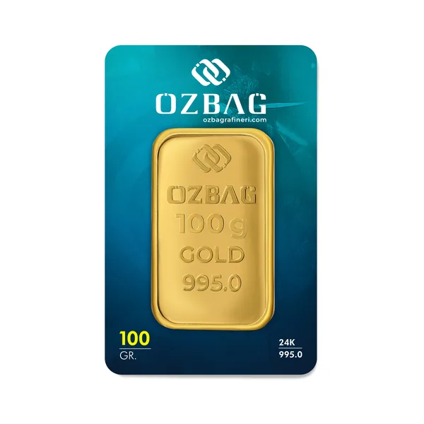 Özbağ 100 gram külçe altın, kartela ön yüzü